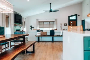 Large kitchen island overlooking the dining area and open living space.